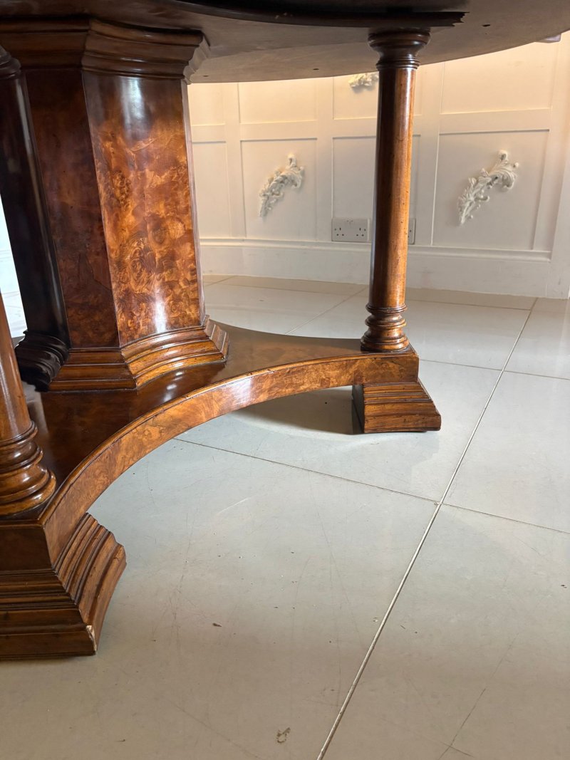 Antique Exceptional Quality Burr Walnut Circular Extending Dining Table Seating 10 with Radial Leaves & Matching Burr Walnut Leaf Holder - Image 20